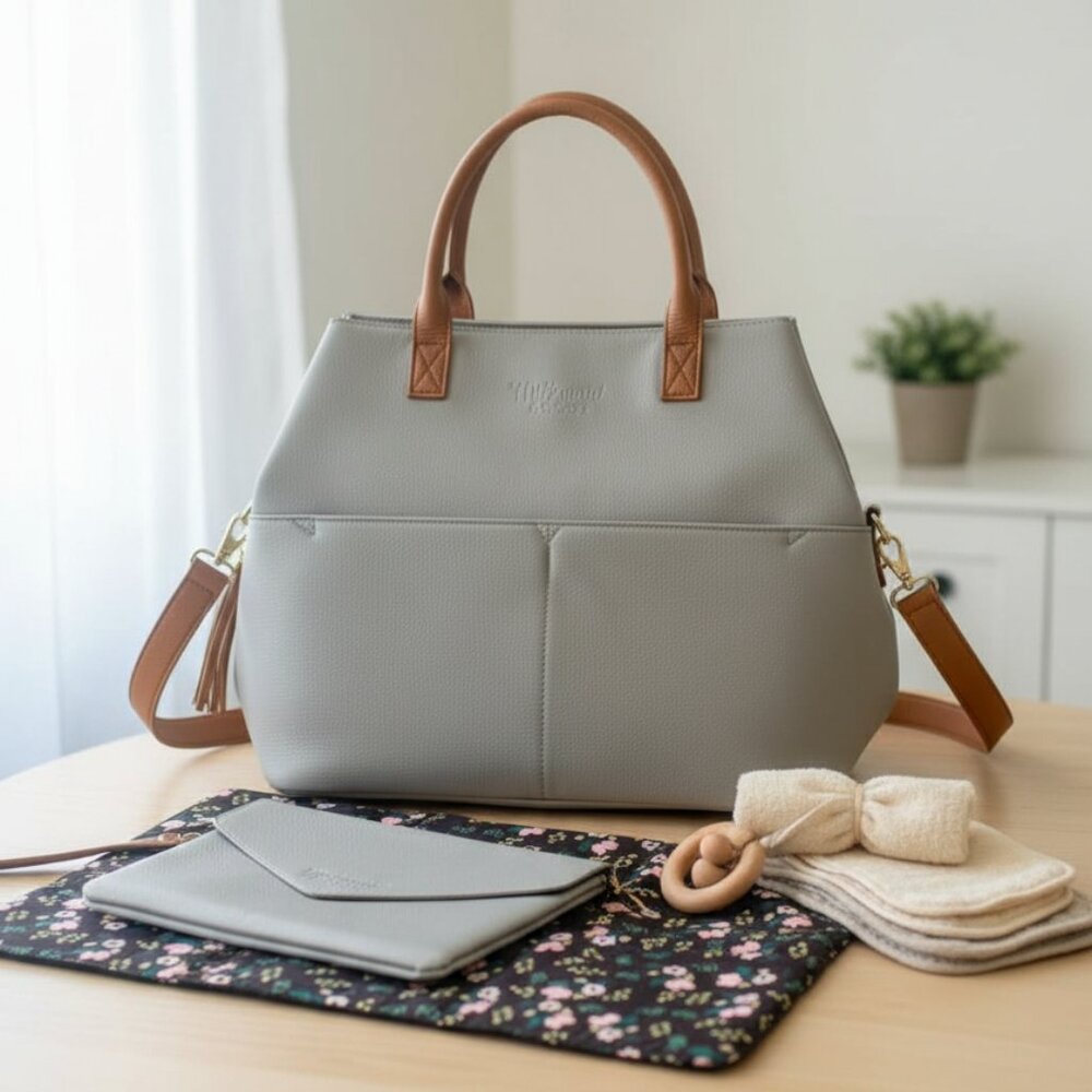 Milkmaid Goods Olivia Gray Diaper Bag – Vegan Leather Shoulder / Crossbody Tote